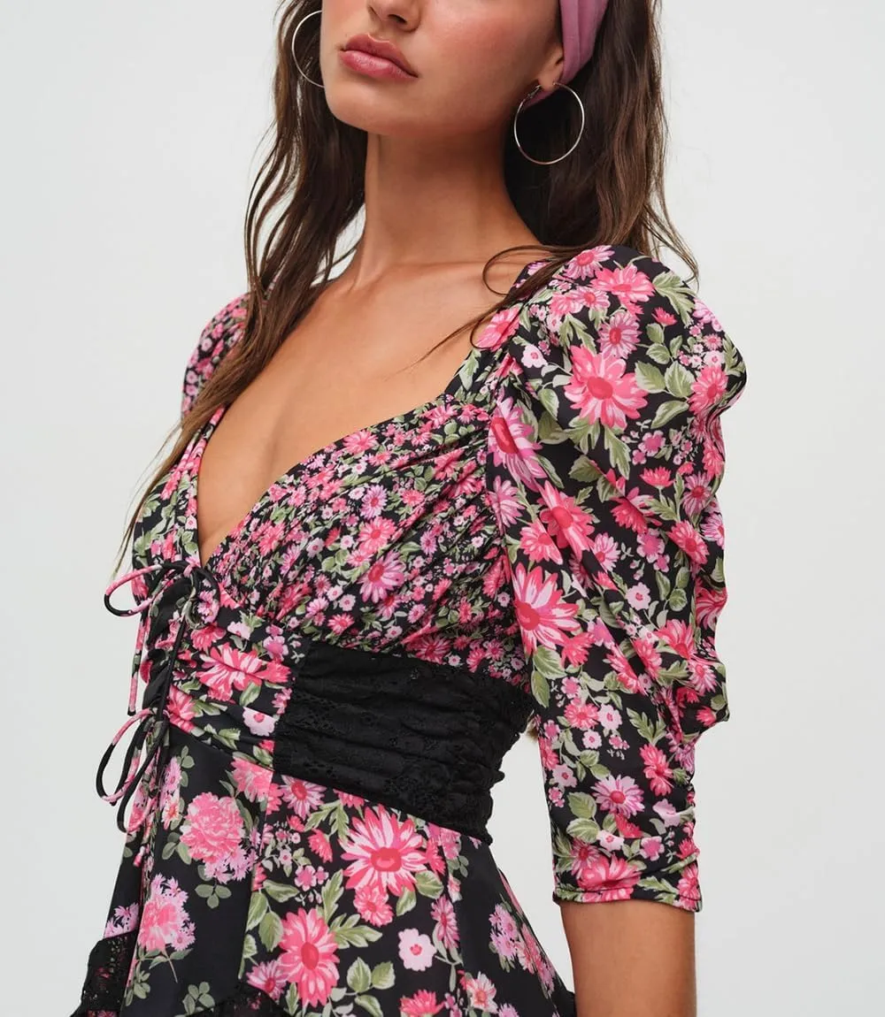 Women Floral Patchwork Mini Dress Bohemia V Neck Tiered Ruffle Dresses Y2k Layered Swing Vocation Dress