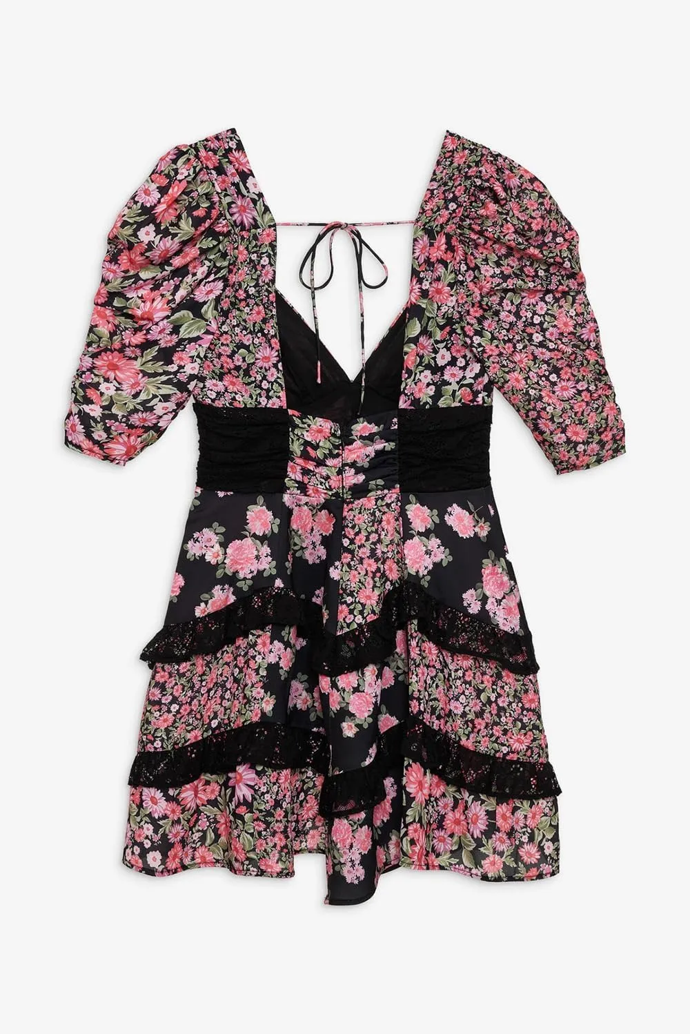 Women Floral Patchwork Mini Dress Bohemia V Neck Tiered Ruffle Dresses Y2k Layered Swing Vocation Dress