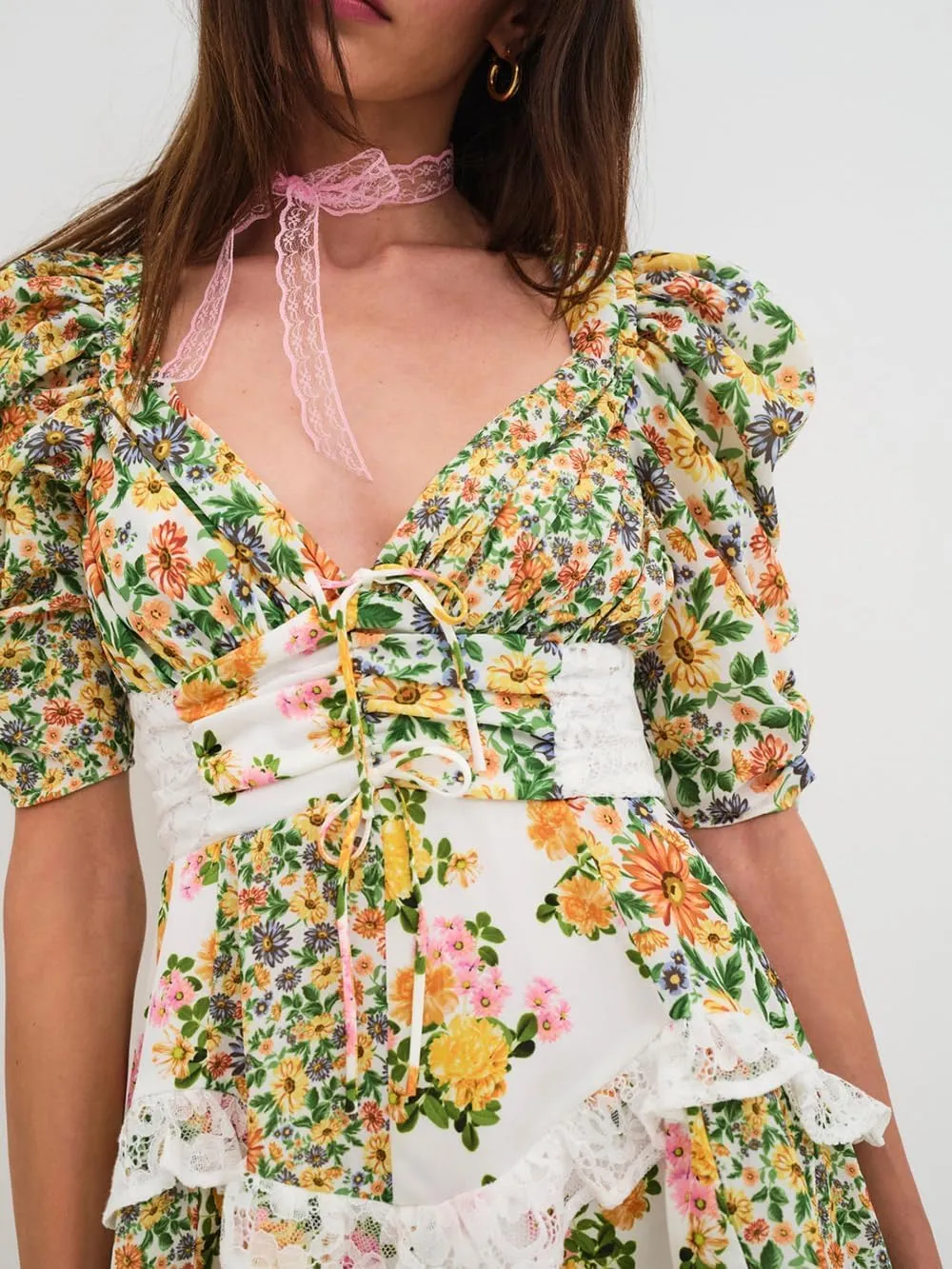 Women Floral Patchwork Mini Dress Bohemia V Neck Tiered Ruffle Dresses Y2k Layered Swing Vocation Dress
