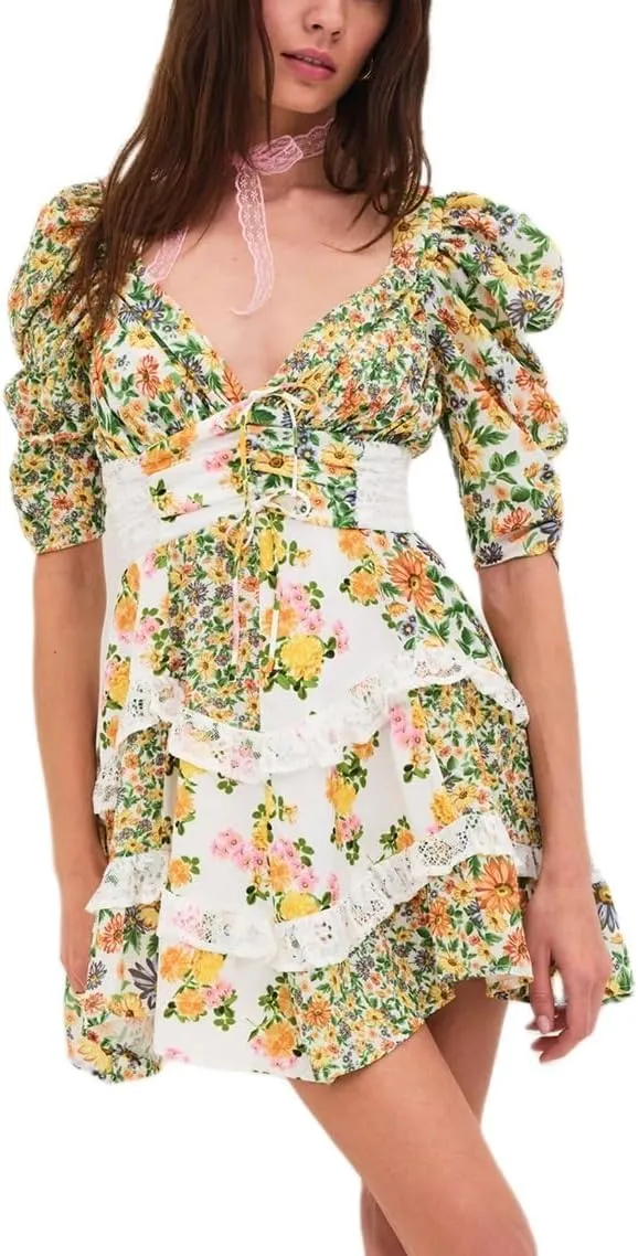 Women Floral Patchwork Mini Dress Bohemia V Neck Tiered Ruffle Dresses Y2k Layered Swing Vocation Dress