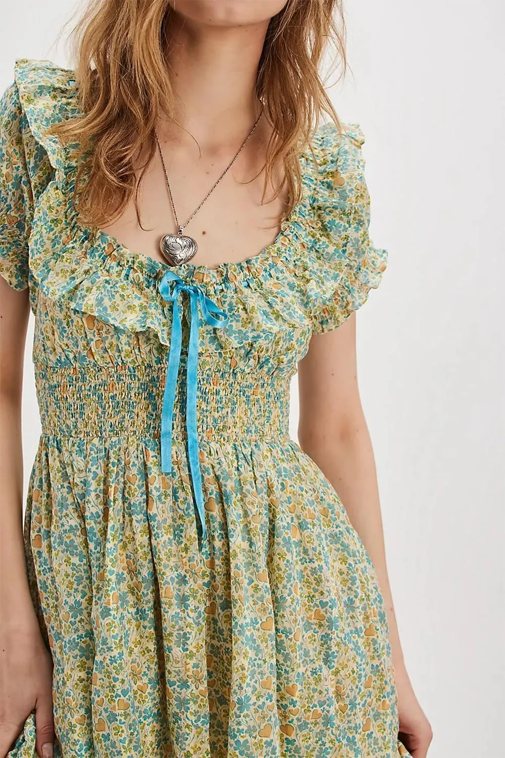 Women Floral Patchwork Mini Dress Bohemia V Neck Tiered Ruffle Dresses Y2k Layered Swing Vocation Dress