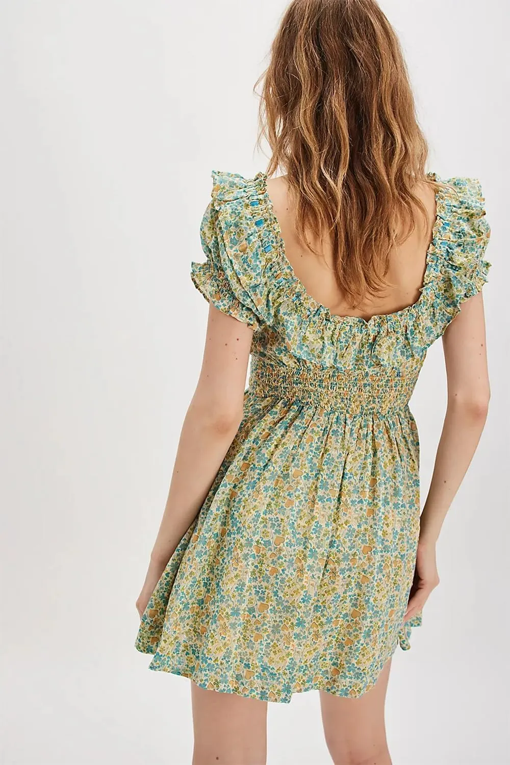 Women Floral Patchwork Mini Dress Bohemia V Neck Tiered Ruffle Dresses Y2k Layered Swing Vocation Dress