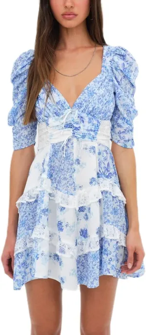 Women Floral Patchwork Mini Dress Bohemia V Neck Tiered Ruffle Dresses Y2k Layered Swing Vocation Dress