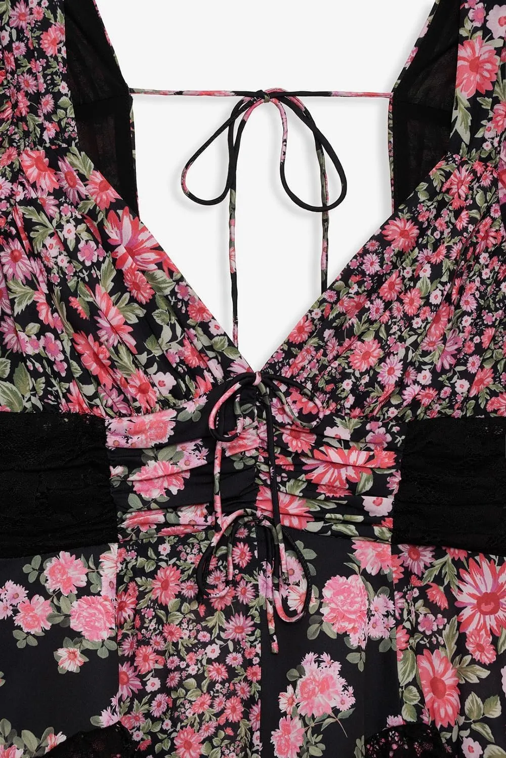Women Floral Patchwork Mini Dress Bohemia V Neck Tiered Ruffle Dresses Y2k Layered Swing Vocation Dress