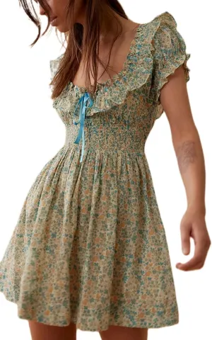 Women Floral Patchwork Mini Dress Bohemia V Neck Tiered Ruffle Dresses Y2k Layered Swing Vocation Dress