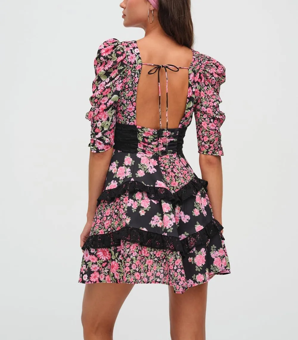 Women Floral Patchwork Mini Dress Bohemia V Neck Tiered Ruffle Dresses Y2k Layered Swing Vocation Dress