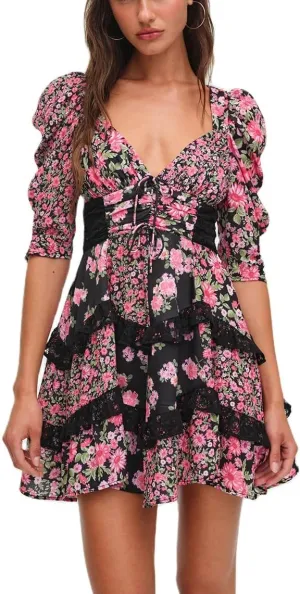 Women Floral Patchwork Mini Dress Bohemia V Neck Tiered Ruffle Dresses Y2k Layered Swing Vocation Dress