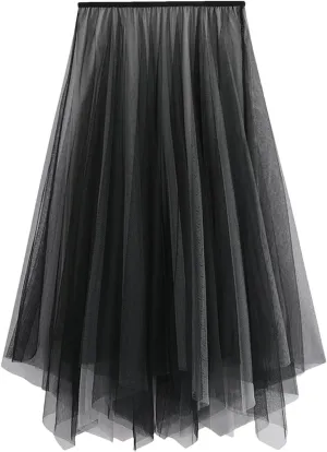 Women Gradient Color High Waist Skirt Summer Irregular Midi Long Tulle A-Line Skirt
