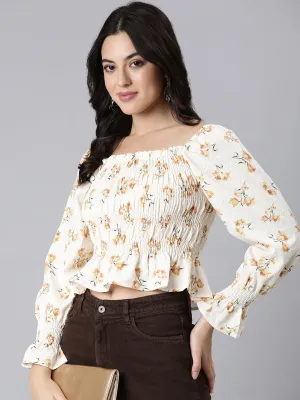 Women Mustard Floral Printed Square Neck Puff Sleeves Fitted Crop Top