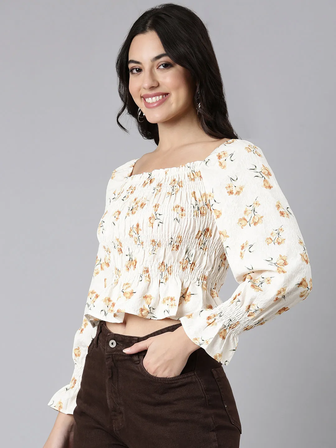 Women Mustard Floral Printed Square Neck Puff Sleeves Fitted Crop Top