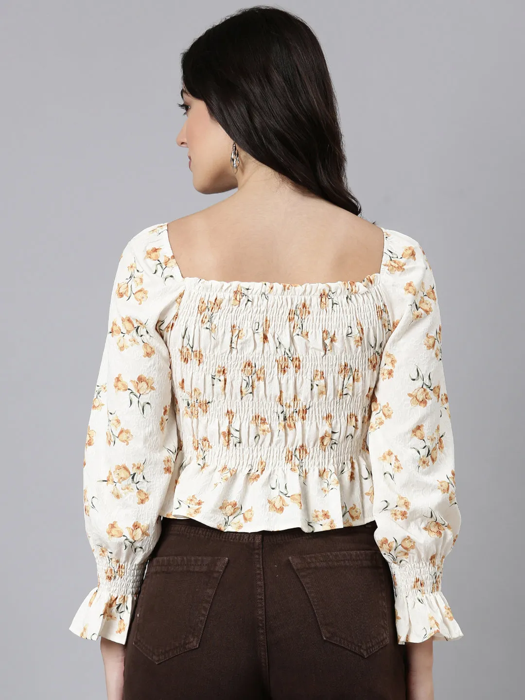 Women Mustard Floral Printed Square Neck Puff Sleeves Fitted Crop Top