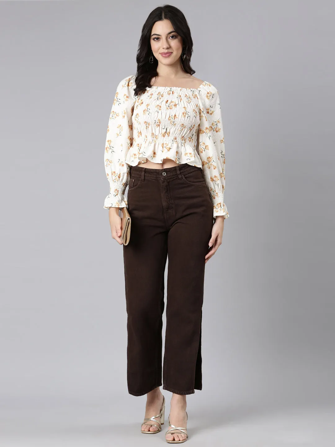 Women Mustard Floral Printed Square Neck Puff Sleeves Fitted Crop Top