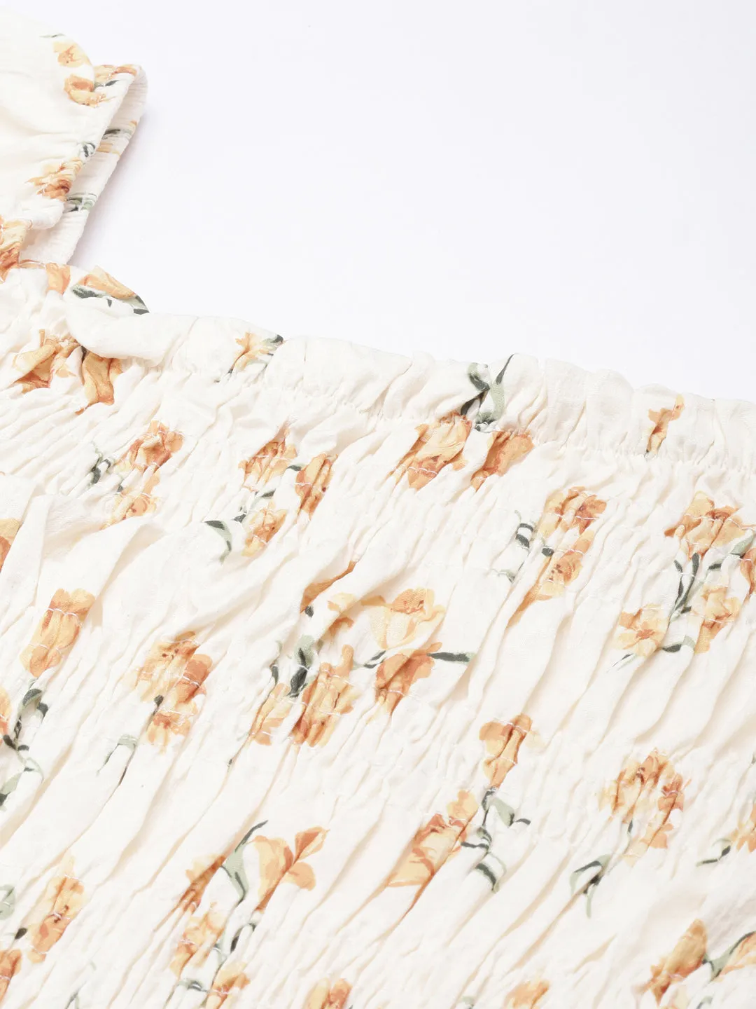 Women Mustard Floral Printed Square Neck Puff Sleeves Fitted Crop Top