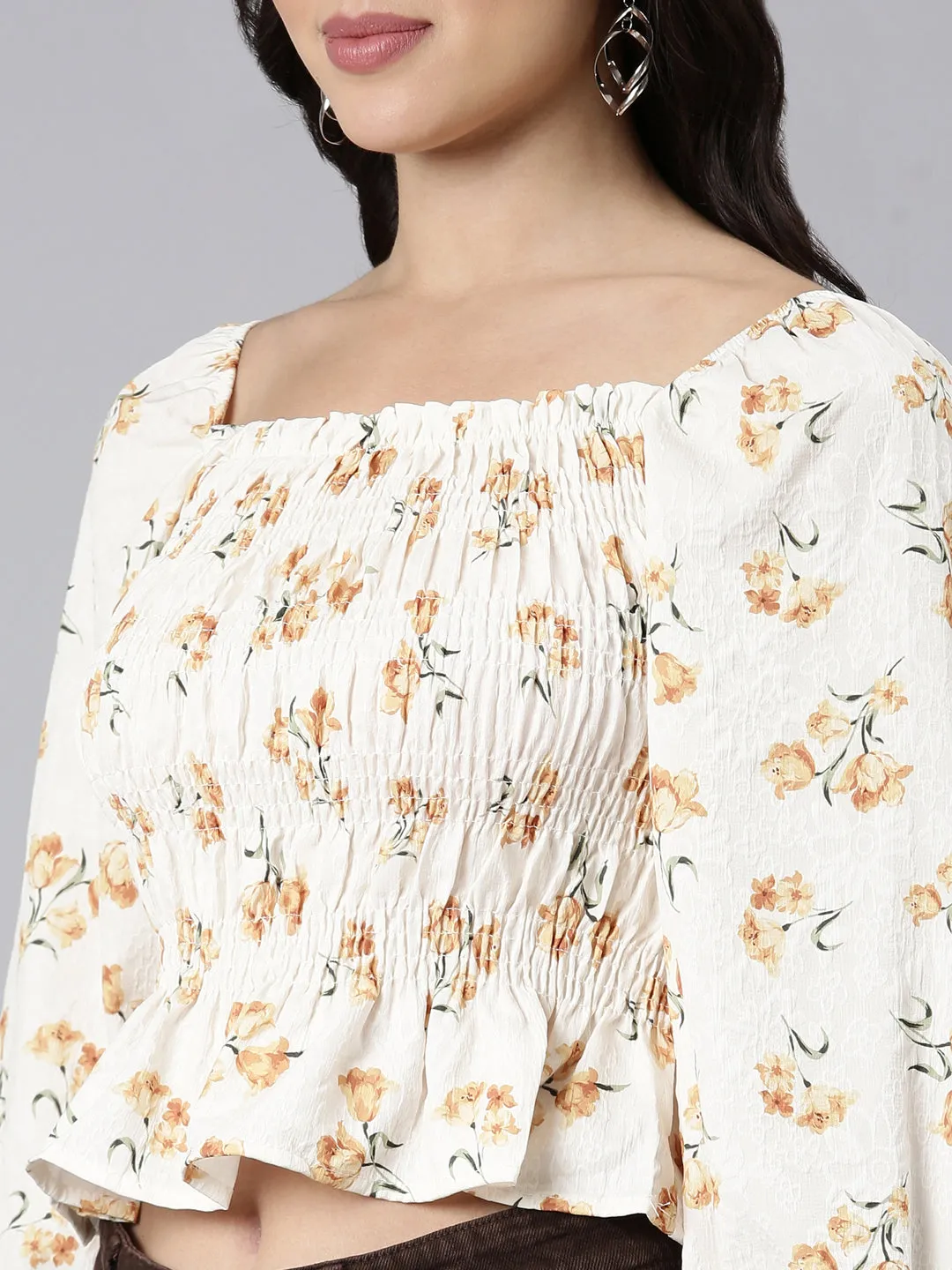 Women Mustard Floral Printed Square Neck Puff Sleeves Fitted Crop Top