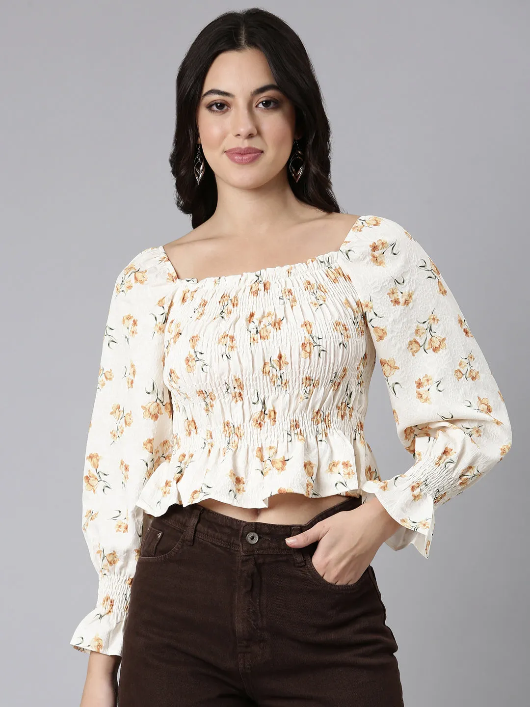Women Mustard Floral Printed Square Neck Puff Sleeves Fitted Crop Top