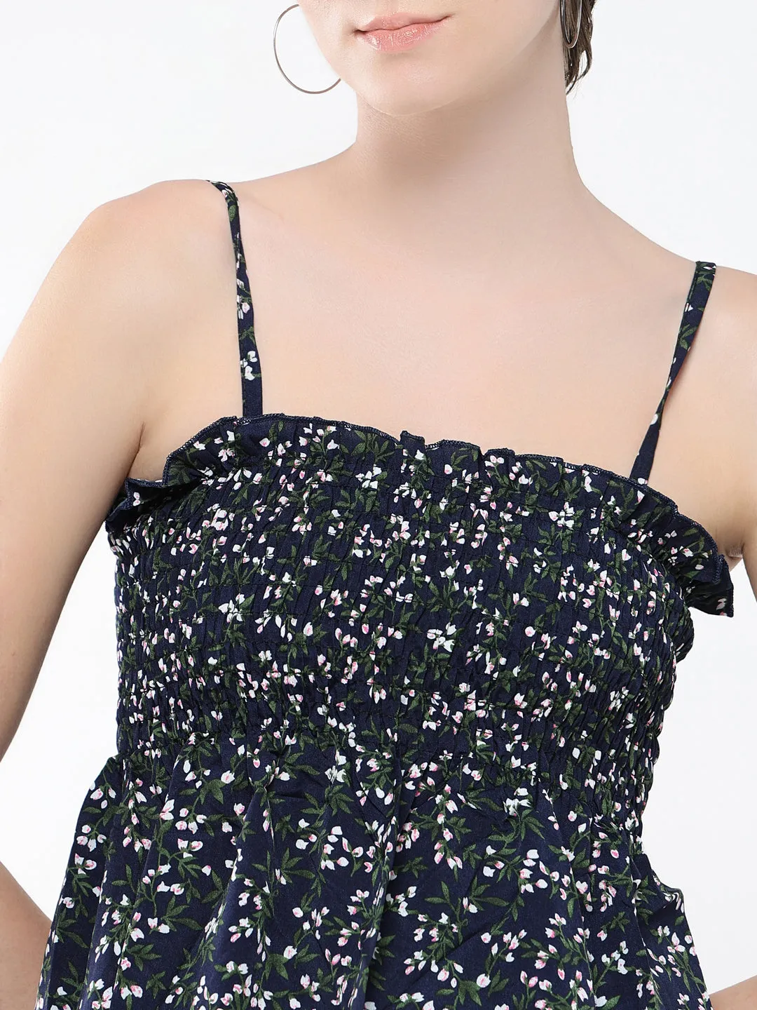 Women Navy Blue Floral Printed Peplum Top