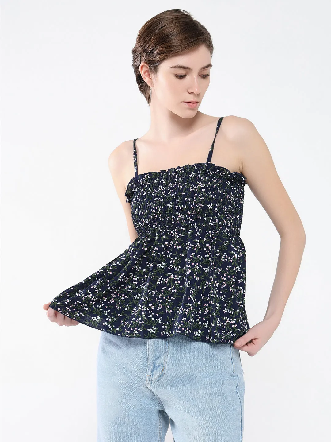 Women Navy Blue Floral Printed Peplum Top
