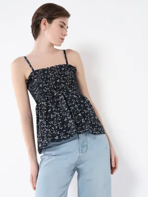Women Navy Blue Floral Printed Peplum Top