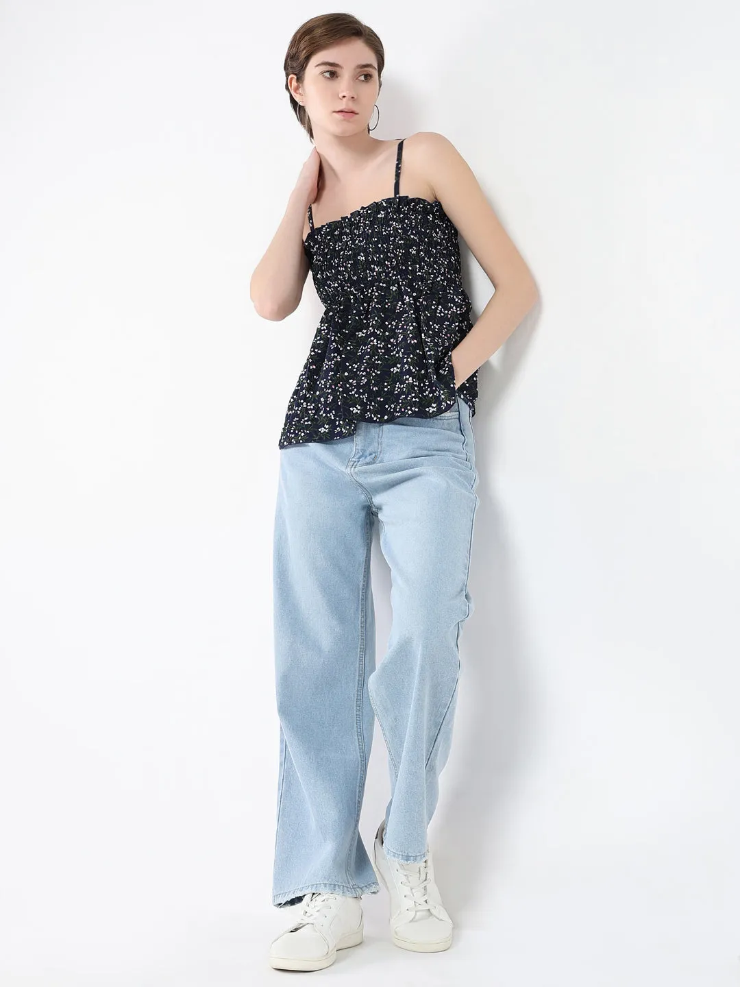 Women Navy Blue Floral Printed Peplum Top