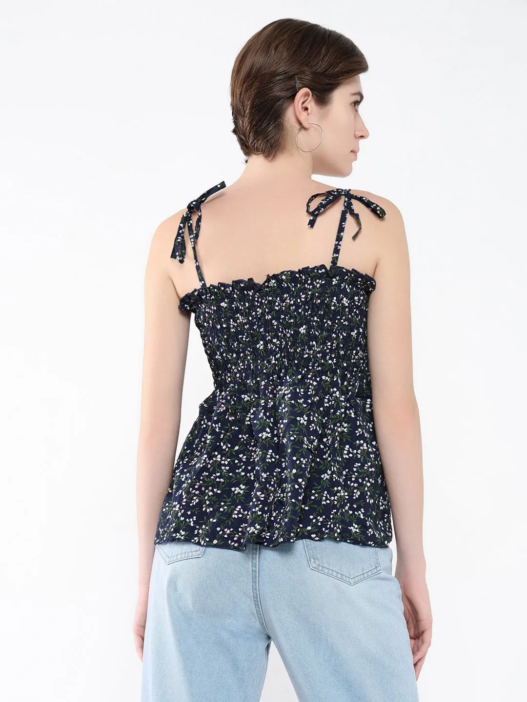 Women Navy Blue Floral Printed Peplum Top