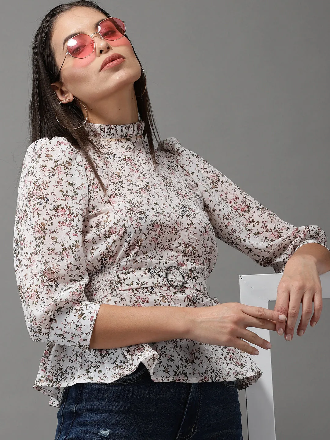 Women Off White Floral Print Georgette Cinched Waist Top
