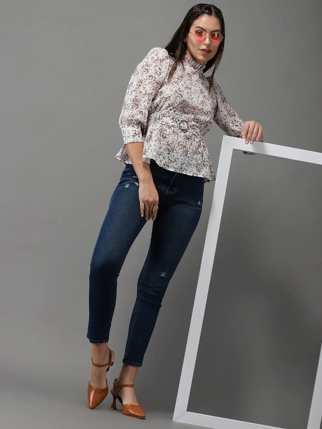 Women Off White Floral Print Georgette Cinched Waist Top