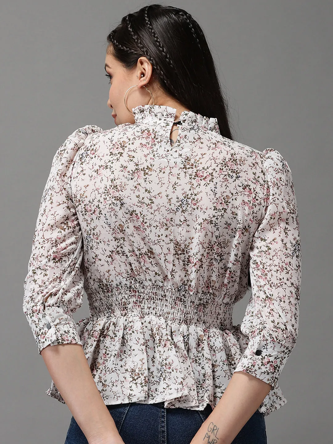 Women Off White Floral Print Georgette Cinched Waist Top