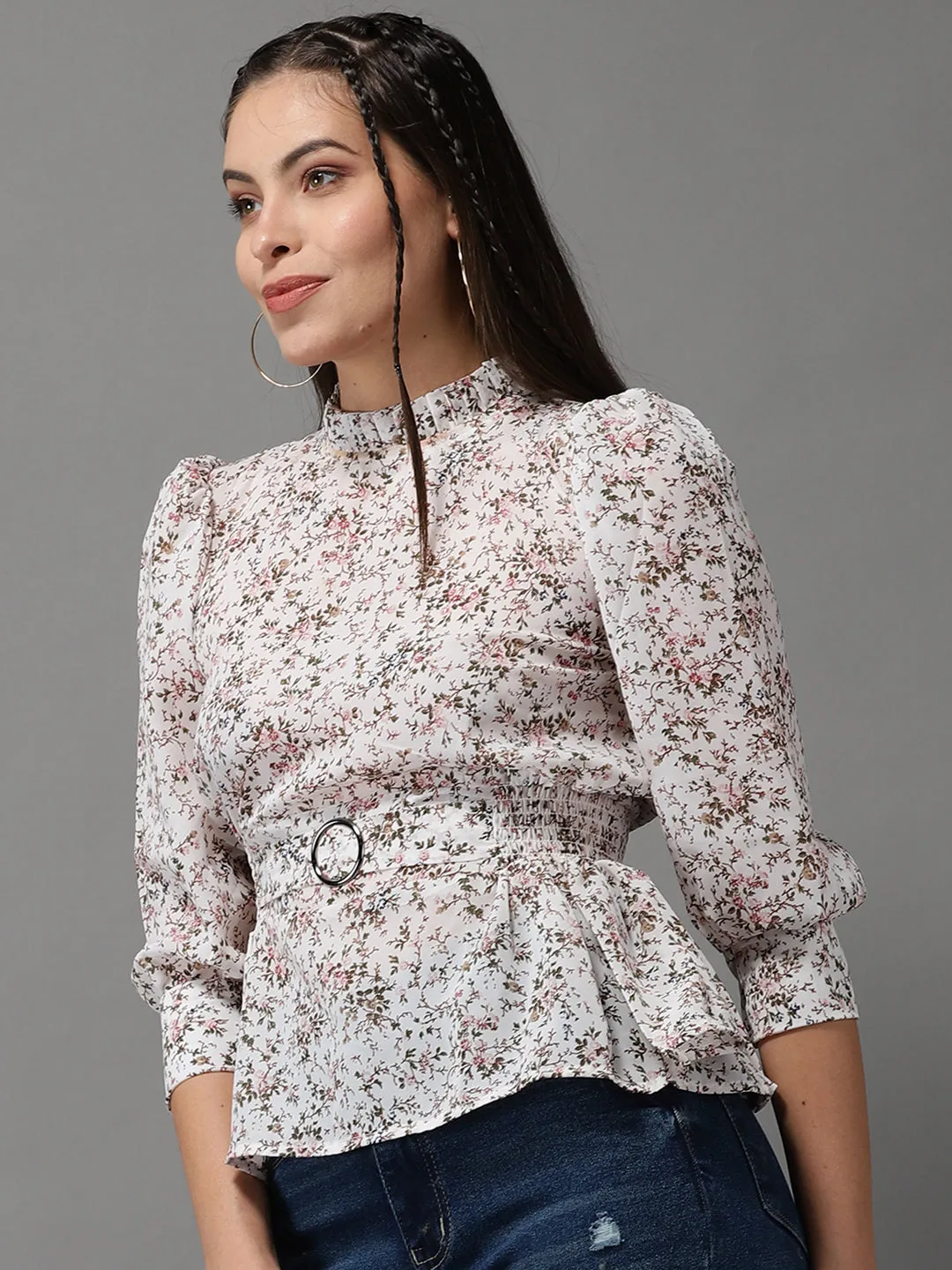 Women Off White Floral Print Georgette Cinched Waist Top