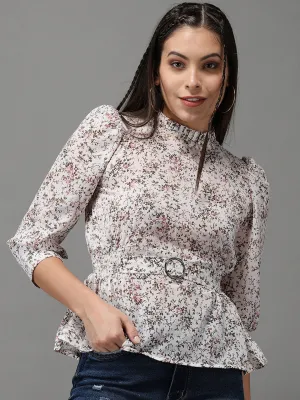 Women Off White Floral Print Georgette Cinched Waist Top