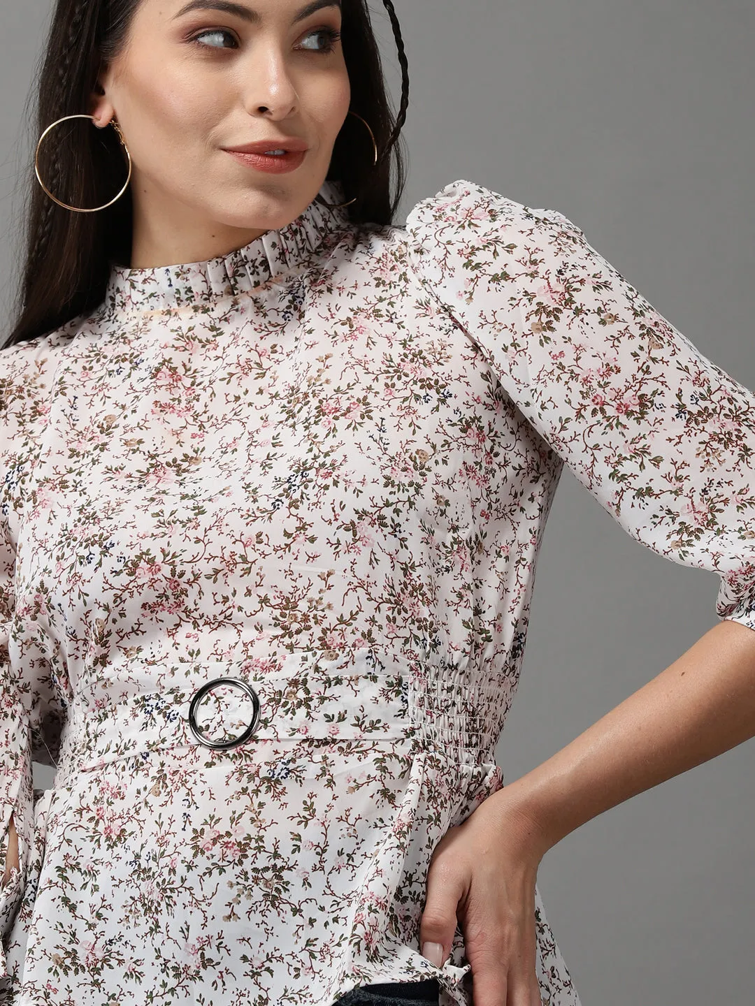 Women Off White Floral Print Georgette Cinched Waist Top