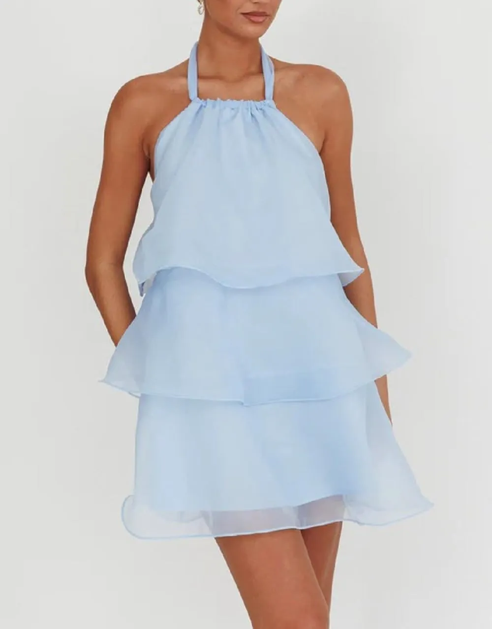 Women Ruffle Halter Neck Mini Dress Sheer Mesh Layered Open Back Dress Y2K Tiered Tie Back Going Out Dresses