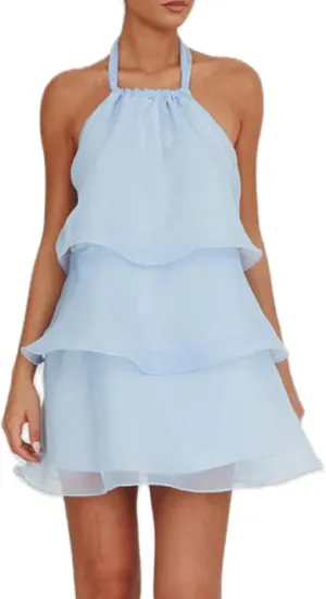 Women Ruffle Halter Neck Mini Dress Sheer Mesh Layered Open Back Dress Y2K Tiered Tie Back Going Out Dresses