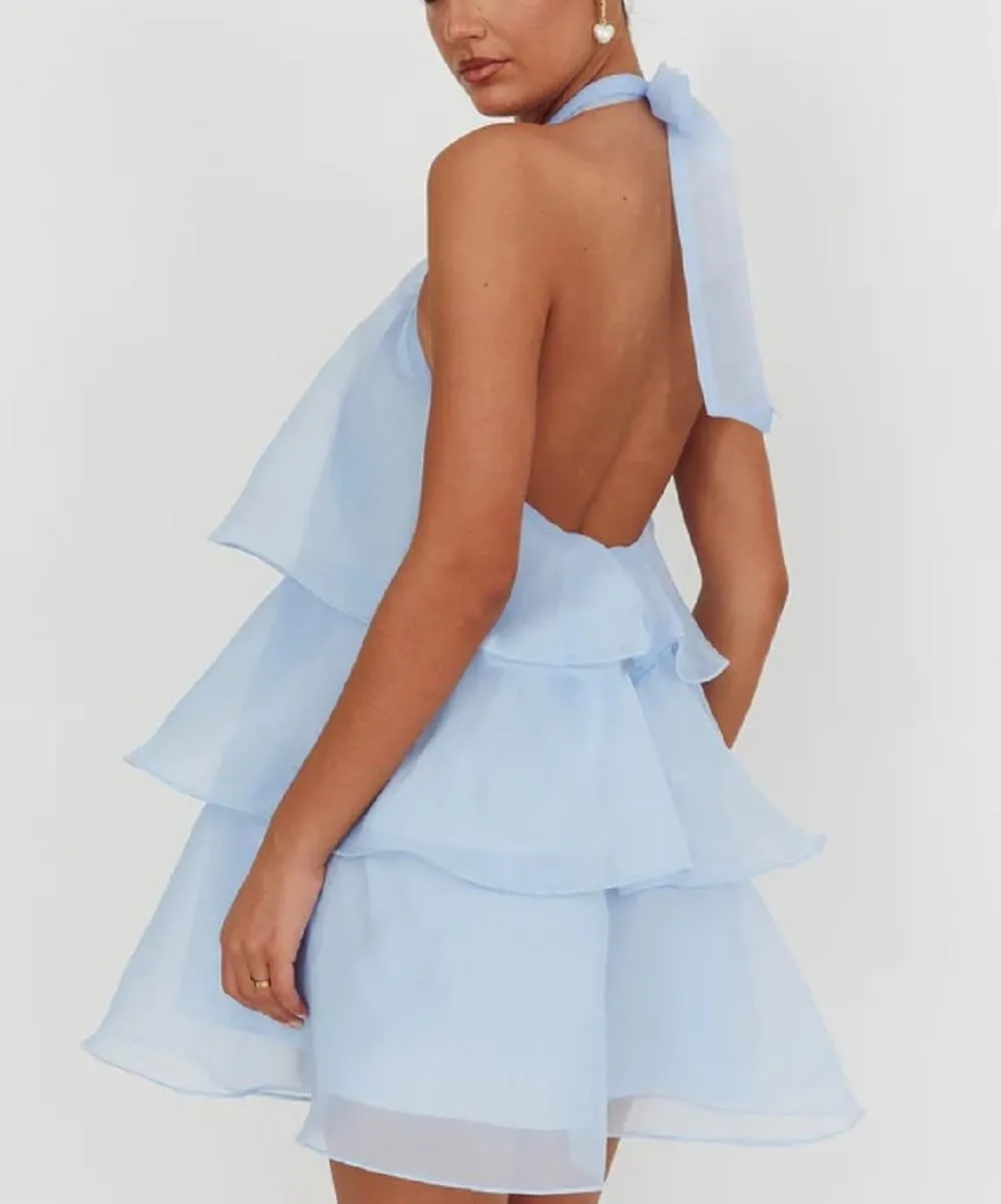 Women Ruffle Halter Neck Mini Dress Sheer Mesh Layered Open Back Dress Y2K Tiered Tie Back Going Out Dresses