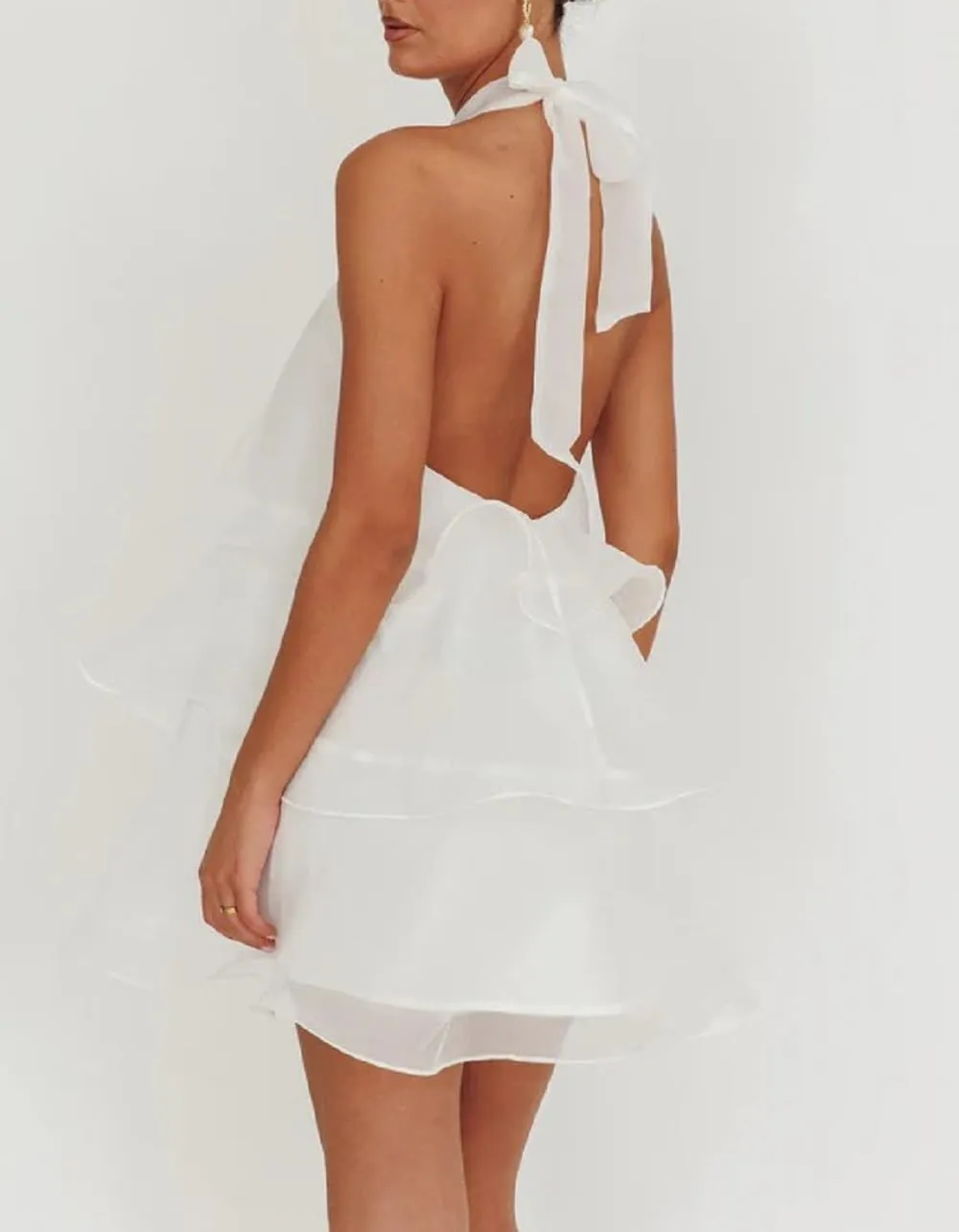 Women Ruffle Halter Neck Mini Dress Sheer Mesh Layered Open Back Dress Y2K Tiered Tie Back Going Out Dresses
