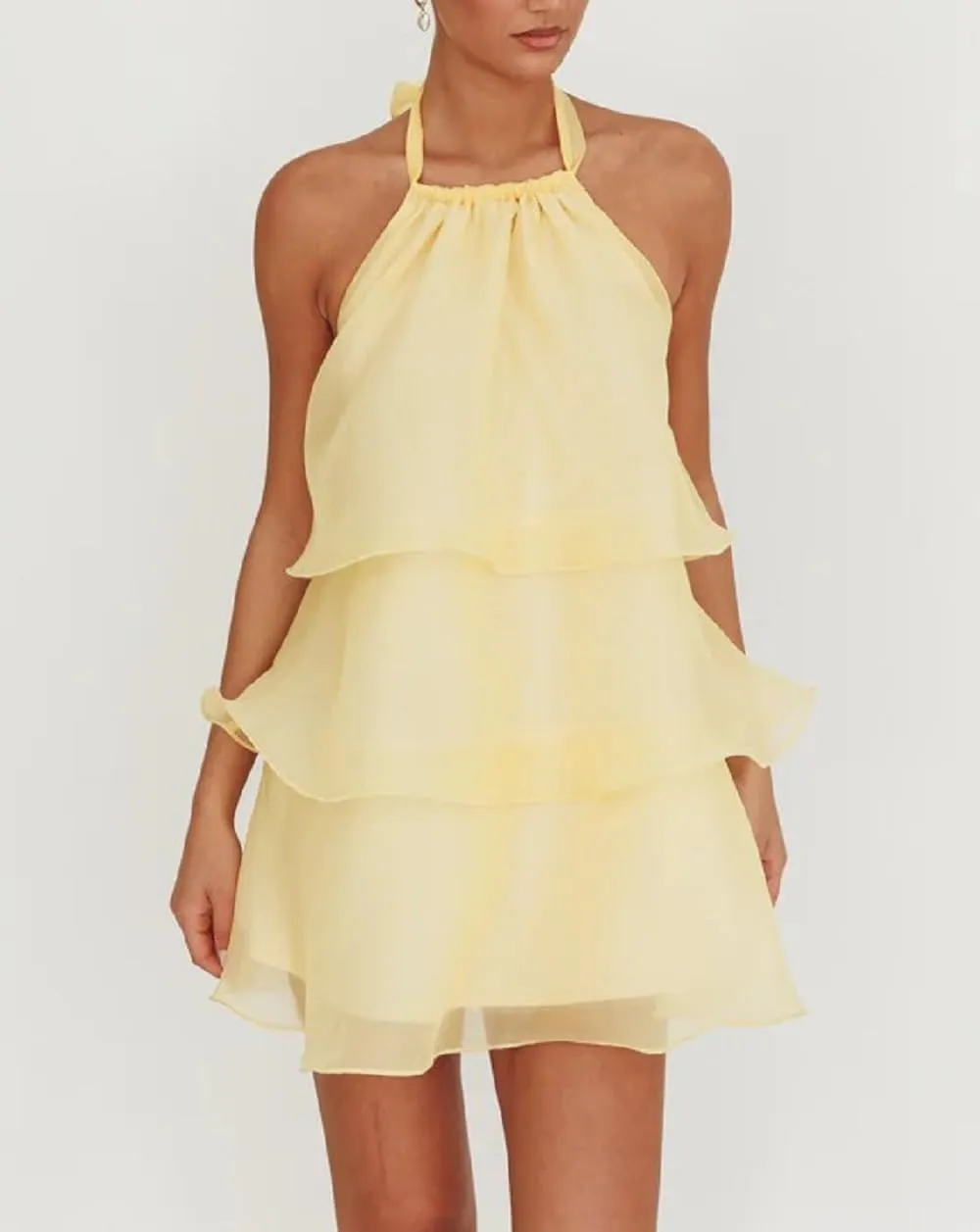 Women Ruffle Halter Neck Mini Dress Sheer Mesh Layered Open Back Dress Y2K Tiered Tie Back Going Out Dresses