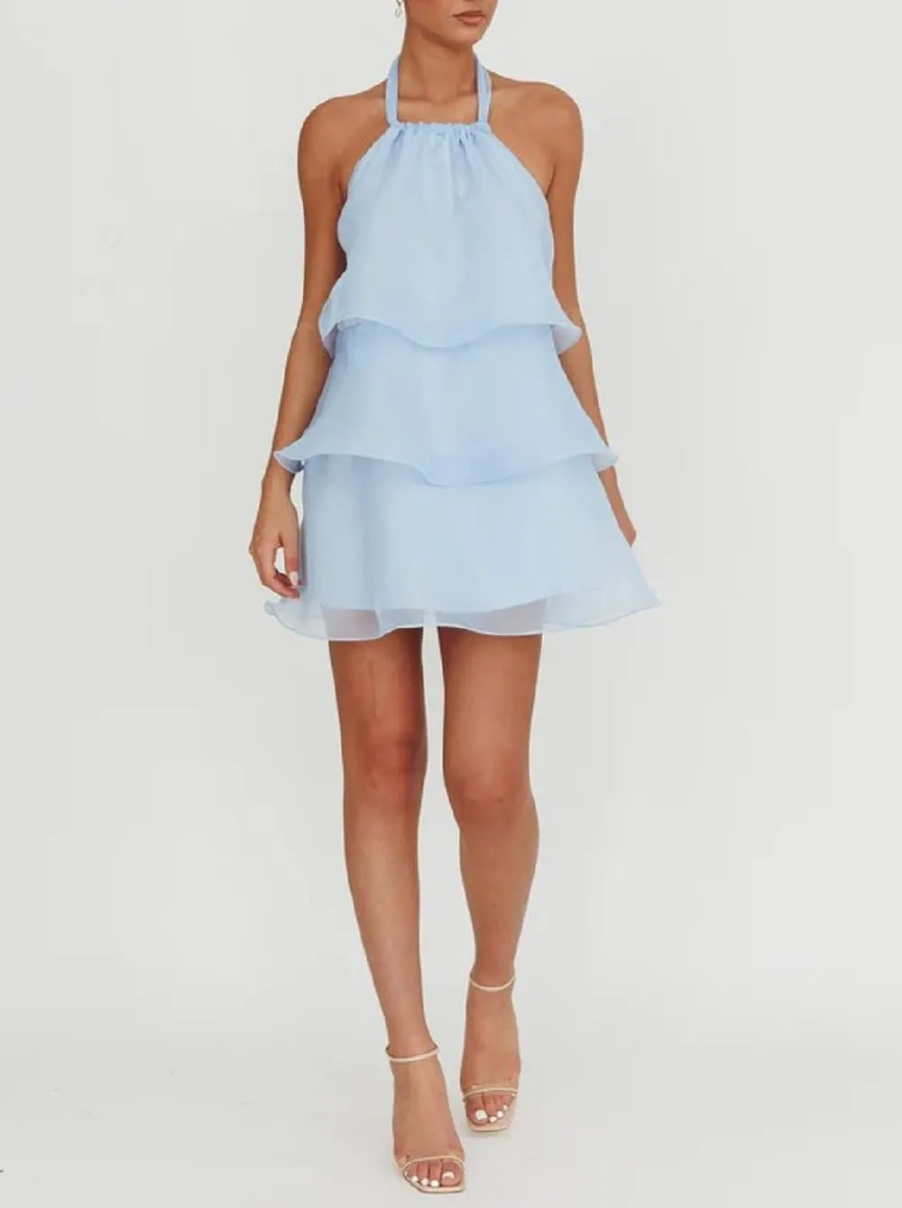 Women Ruffle Halter Neck Mini Dress Sheer Mesh Layered Open Back Dress Y2K Tiered Tie Back Going Out Dresses