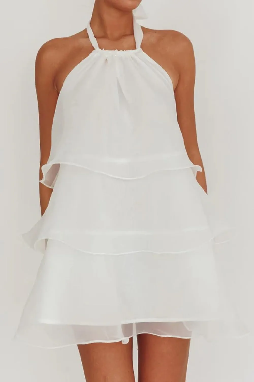 Women Ruffle Halter Neck Mini Dress Sheer Mesh Layered Open Back Dress Y2K Tiered Tie Back Going Out Dresses
