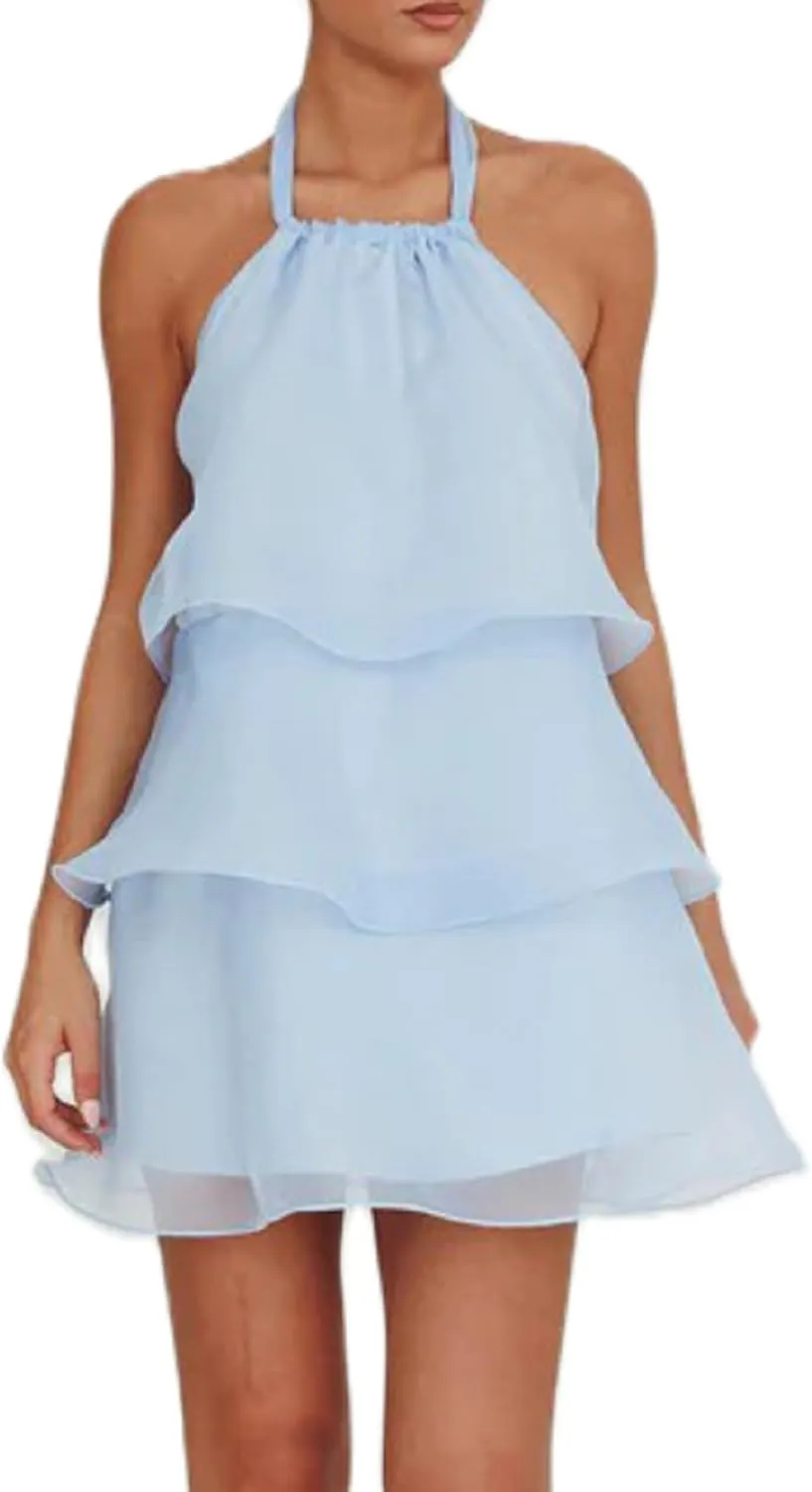 Women Ruffle Halter Neck Mini Dress Sheer Mesh Layered Open Back Dress Y2K Tiered Tie Back Going Out Dresses