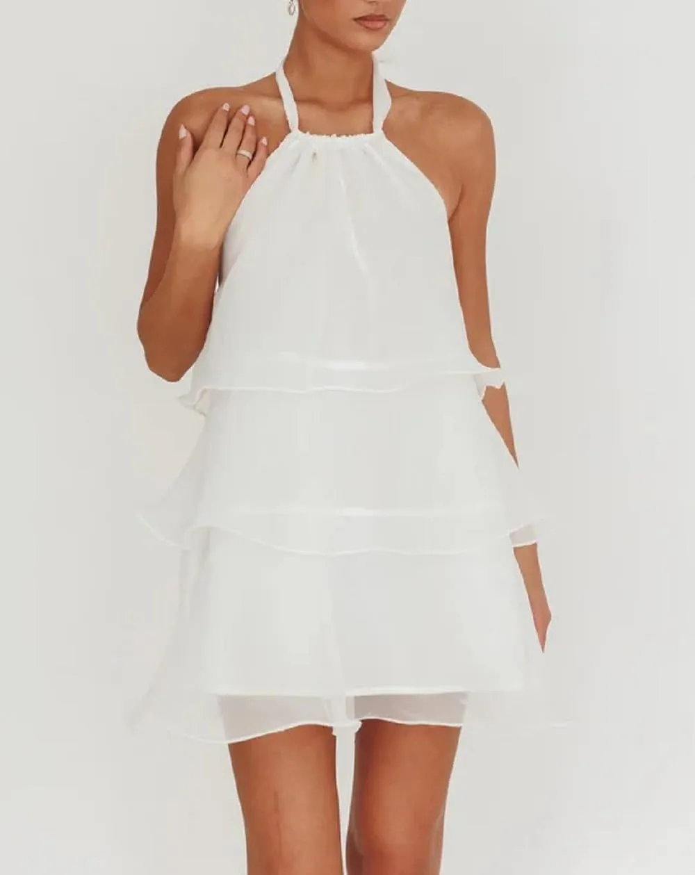 Women Ruffle Halter Neck Mini Dress Sheer Mesh Layered Open Back Dress Y2K Tiered Tie Back Going Out Dresses
