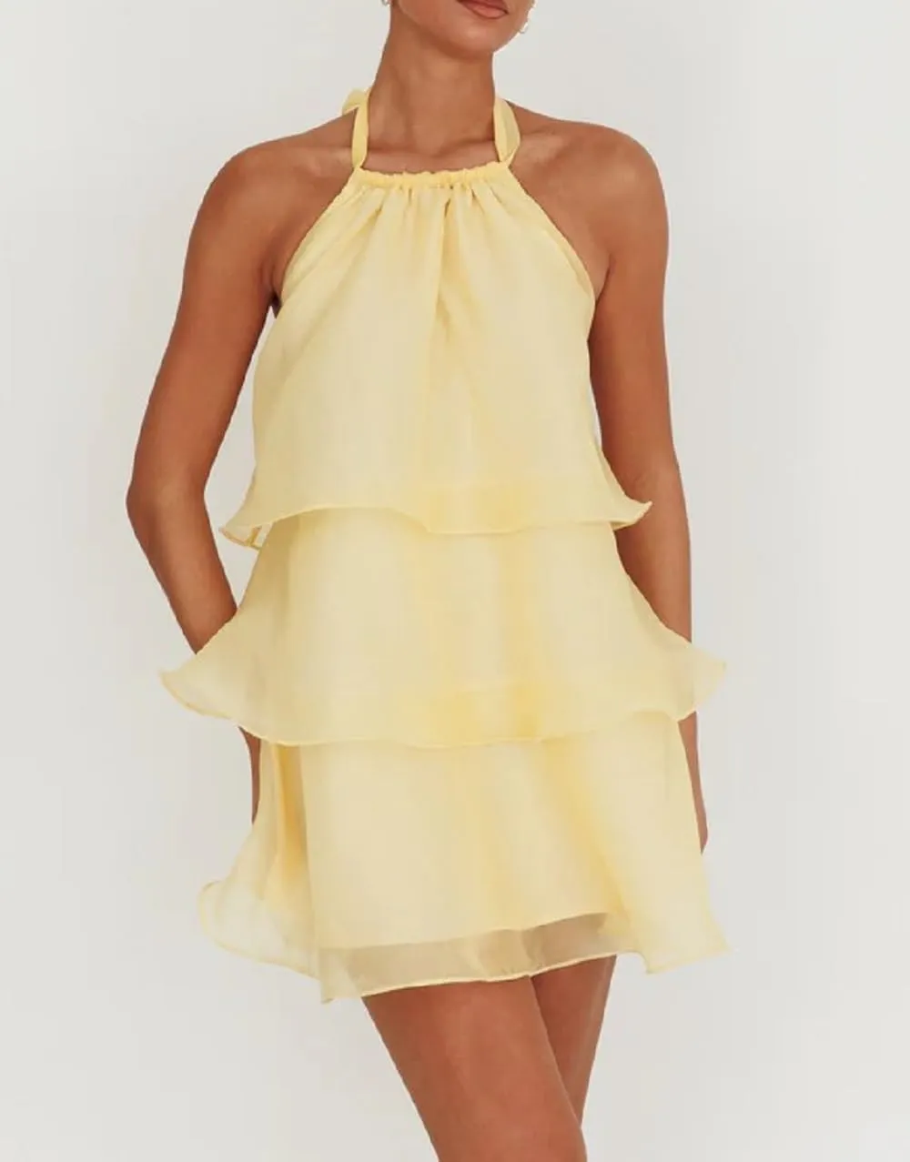 Women Ruffle Halter Neck Mini Dress Sheer Mesh Layered Open Back Dress Y2K Tiered Tie Back Going Out Dresses