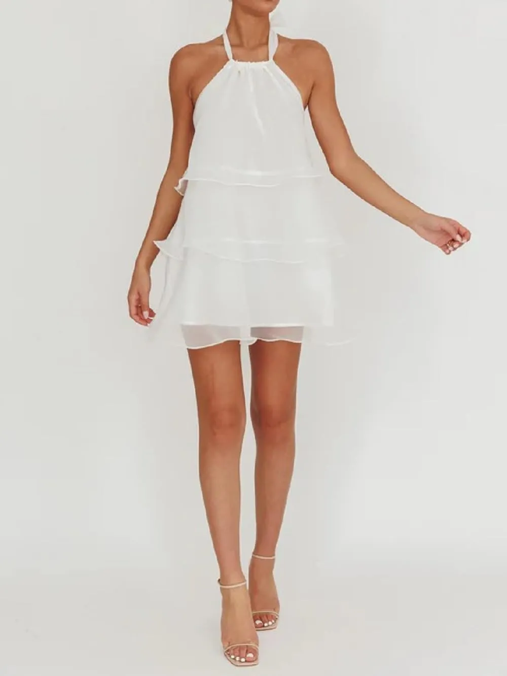 Women Ruffle Halter Neck Mini Dress Sheer Mesh Layered Open Back Dress Y2K Tiered Tie Back Going Out Dresses