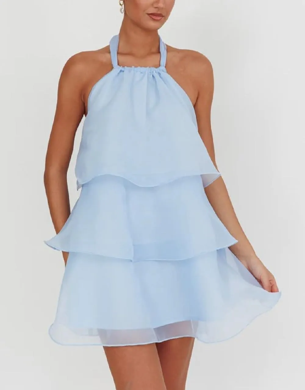 Women Ruffle Halter Neck Mini Dress Sheer Mesh Layered Open Back Dress Y2K Tiered Tie Back Going Out Dresses