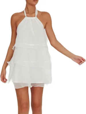 Women Ruffle Halter Neck Mini Dress Sheer Mesh Layered Open Back Dress Y2K Tiered Tie Back Going Out Dresses