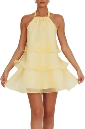 Women Ruffle Halter Neck Mini Dress Sheer Mesh Layered Open Back Dress Y2K Tiered Tie Back Going Out Dresses