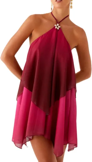 Women Ruffle Halter Neck Mini Dress Sheer Mesh Layered Open Back Dress Y2K Tiered Tie Back Going Out Dresses