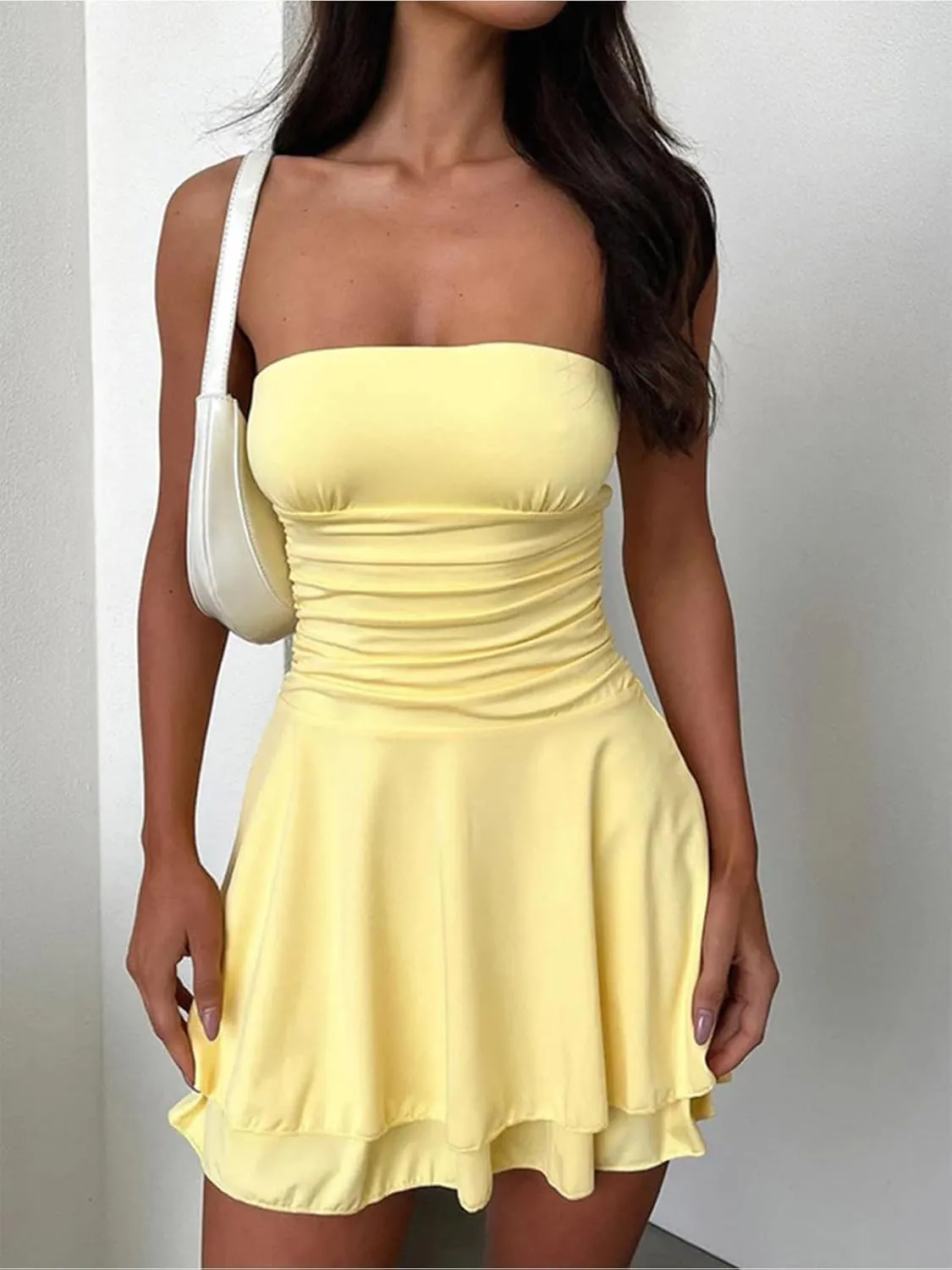 Women Sexy Tube Top Silk Dress Strapless Ruched Waist Ruffle Tiered Layer Mini Dress Party Short Dresses