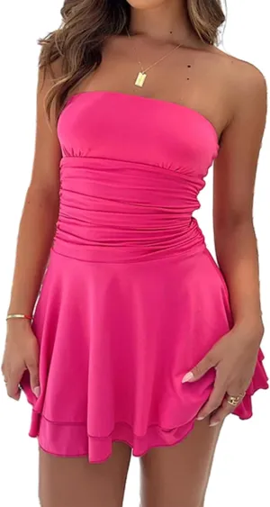 Women Sexy Tube Top Silk Dress Strapless Ruched Waist Ruffle Tiered Layer Mini Dress Party Short Dresses