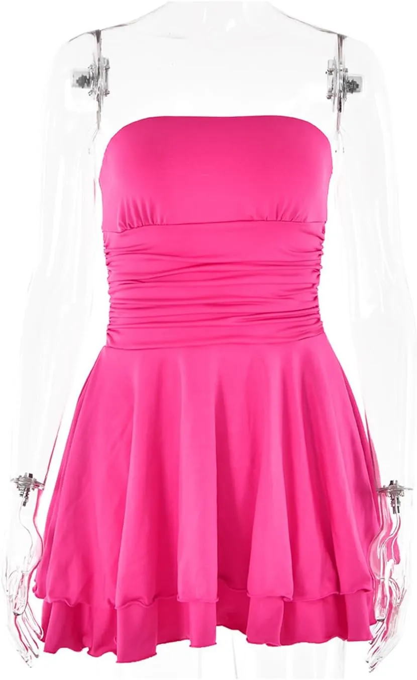 Women Sexy Tube Top Silk Dress Strapless Ruched Waist Ruffle Tiered Layer Mini Dress Party Short Dresses