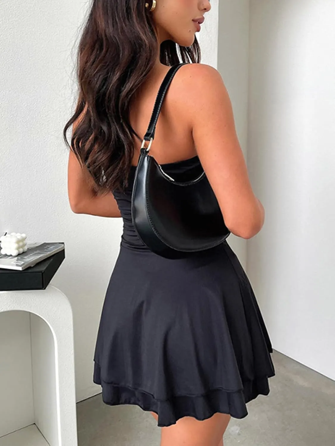 Women Sexy Tube Top Silk Dress Strapless Ruched Waist Ruffle Tiered Layer Mini Dress Party Short Dresses