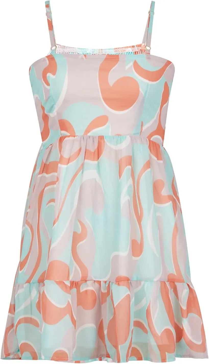 Women Sleeveless Summer Floral Spaghetti Strap Mini Dress Backless Boho Swing Ruffle Beach Short Dresses